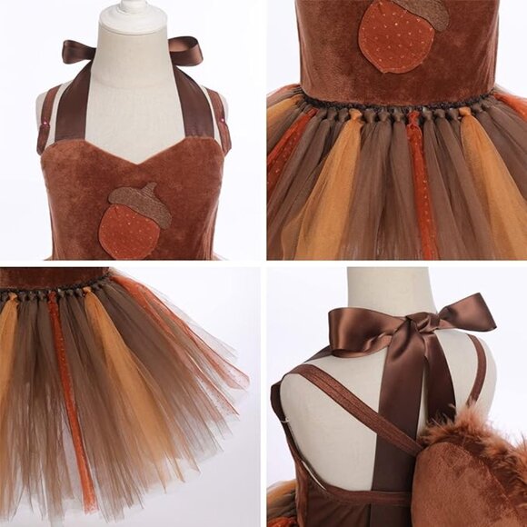 NEW Woodland Creature Theme Squirrel Girls Tutu Halloween Dress Costume Tail Ear - Picture 4 of 6